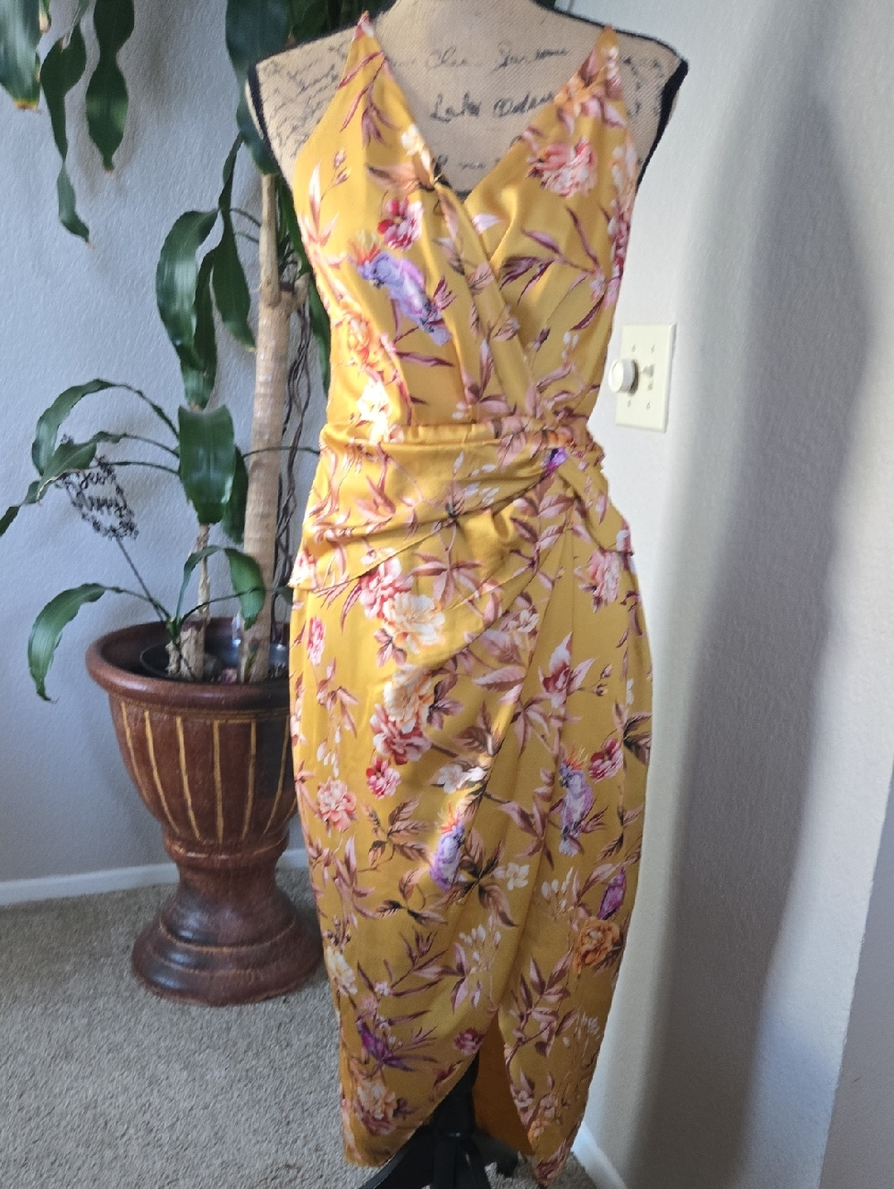 Express Floral Wrap Midi Dress in Mustard Yellow